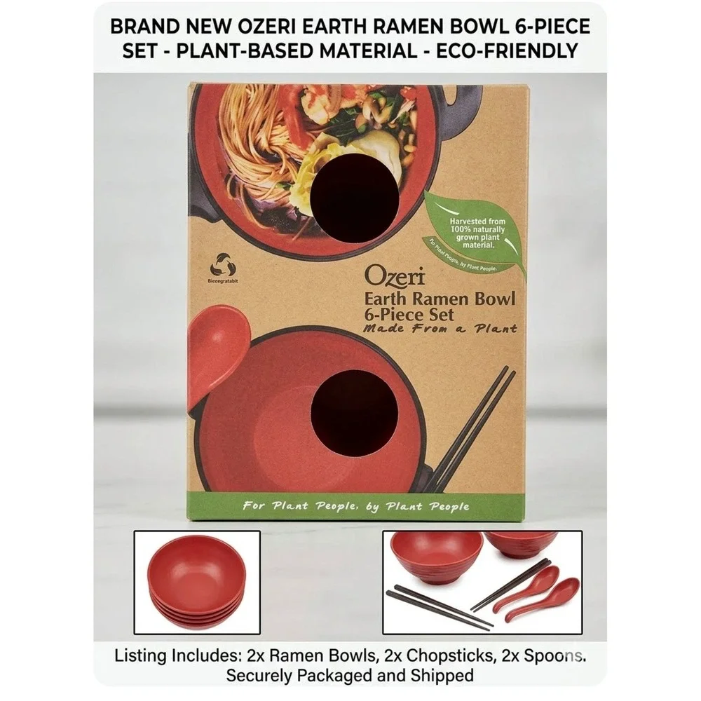 Ozeri Earth Ramen Bowl 6-Piece Set Red Plant-Based Eco-Friendly RB2-RD NEW
